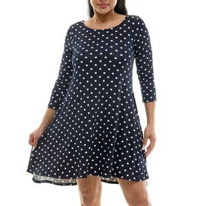 Nina Leonard Blue White Polka Dot High-Low Trapeze 3/4 Sleeve Dress w/pockets L